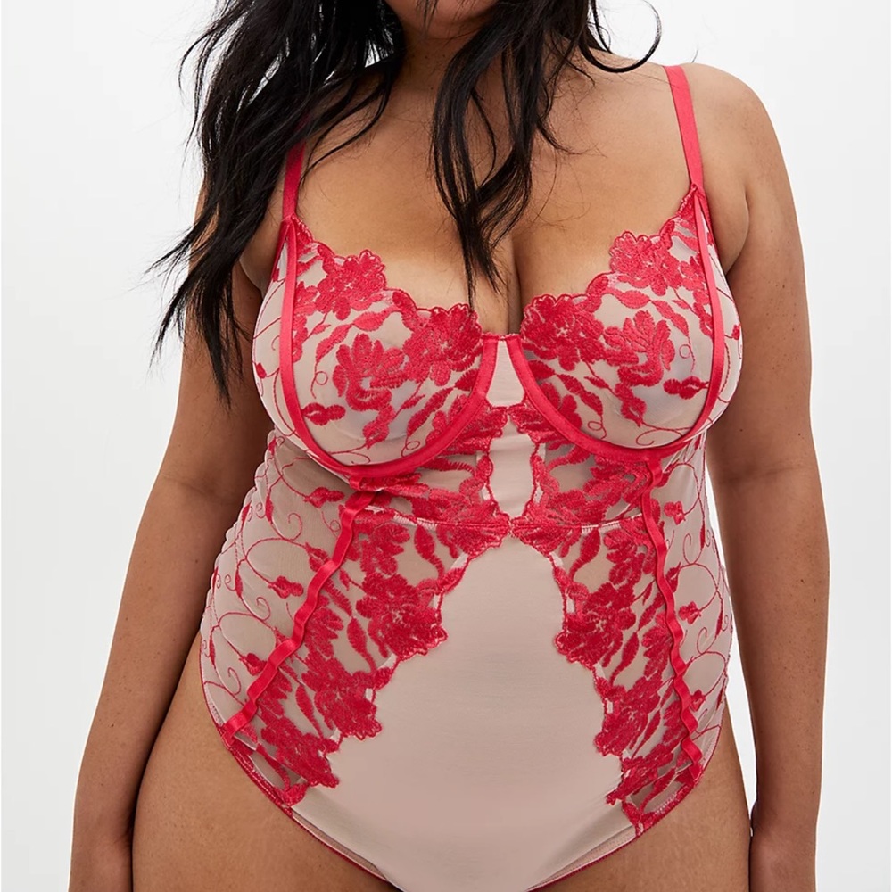 Raspberry Pink Embroidered Mesh Underwire Bodysuit (I1)